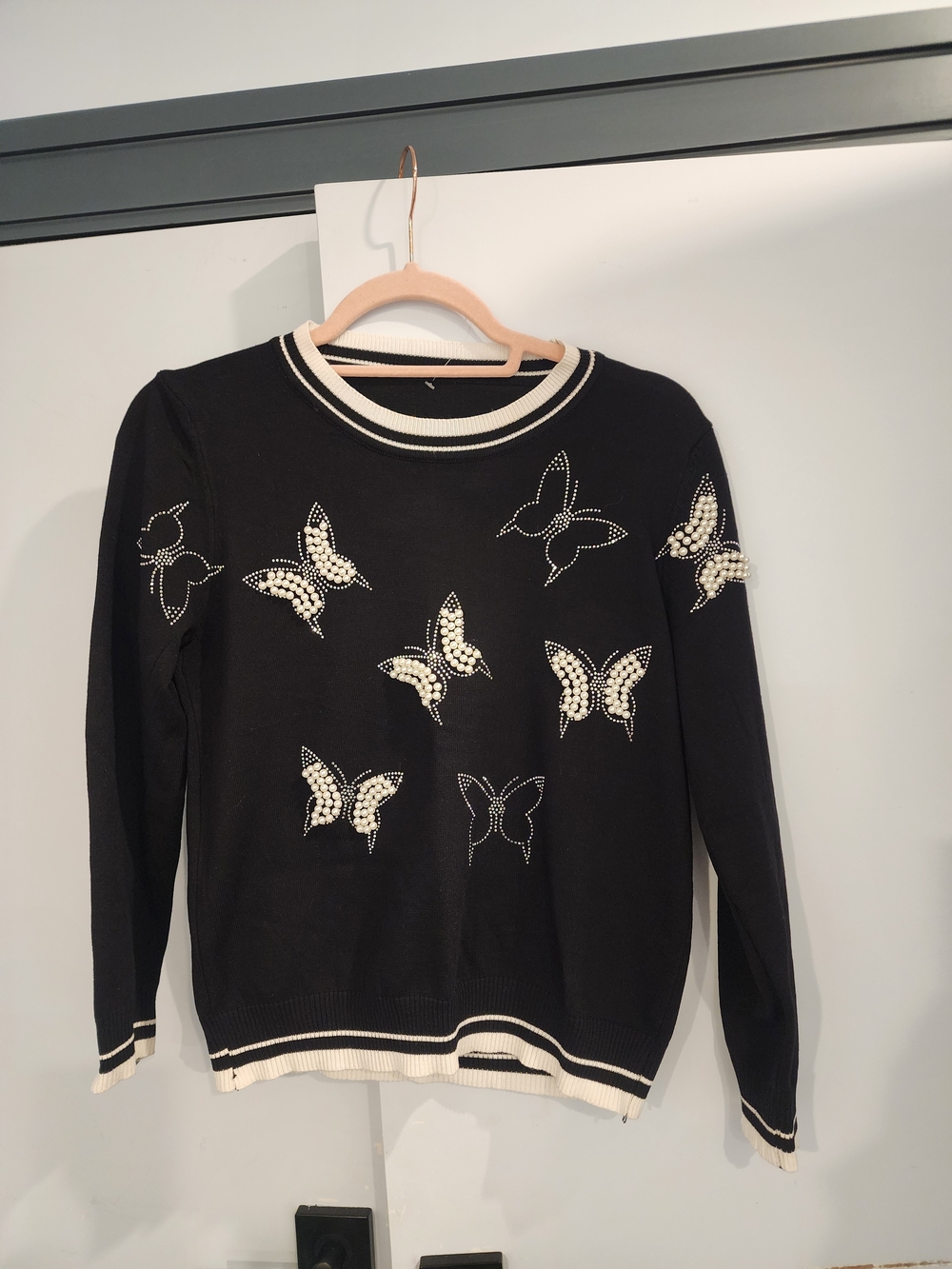 Black Sweater with Pearl Butterfly Embellishments